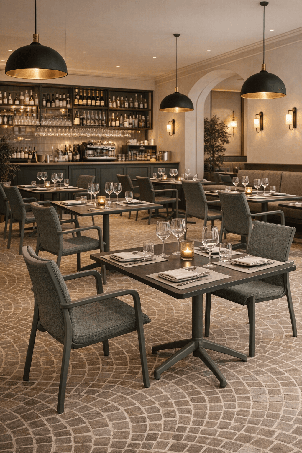 Salle de restaurant avec mobilier professionnel et mise en place soignée